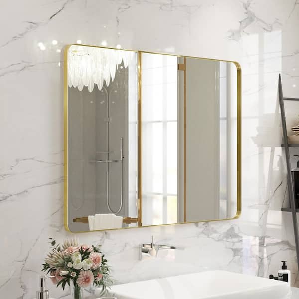 40 in. W x 32 in. H Premium Aluminum Framed Rectangular Bathroom Vanity Wall Mirror in Gold