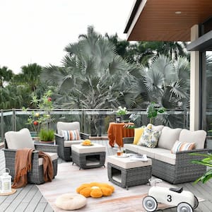 Sierra Black 5-Piece Wicker Multi-Functional Pet Friendly Outdoor Patio Conversation Sofa Set with Beige Cushions
