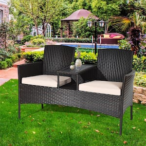 1-Piece Wicker Rattan Patio Conversation Set with Beige Cushions Patented