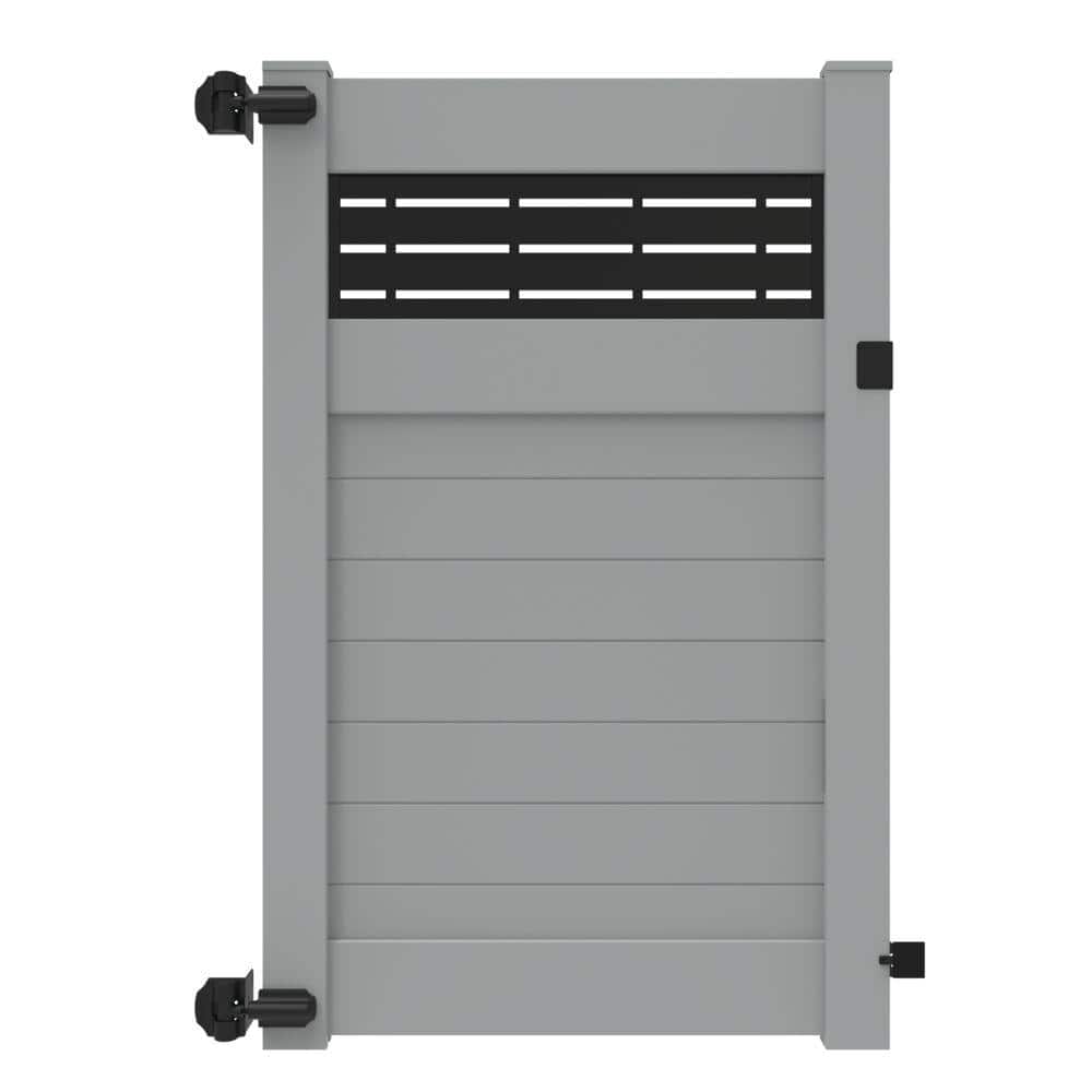 Gray Vinyl Horizontal Privacy Fence Gate with Decorative Screen Panel, 6-ft x 4-ft