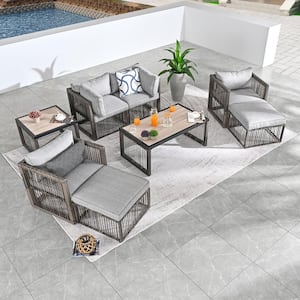 8-Piece Wicker Patio Conversation Deep Seating Set with Gray Cushions