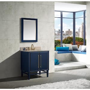 Mason 31 in. W x 22 in. D Bath Vanity in Navy Blue/Gold Trim with Marble Vanity Top in Crema Marfil with White Basin