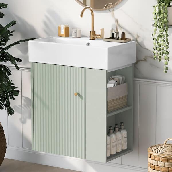 21.6 in. Sink Single Floating Green Bath Vanity with White Ceramic Top and Right Side Storage Unassembled