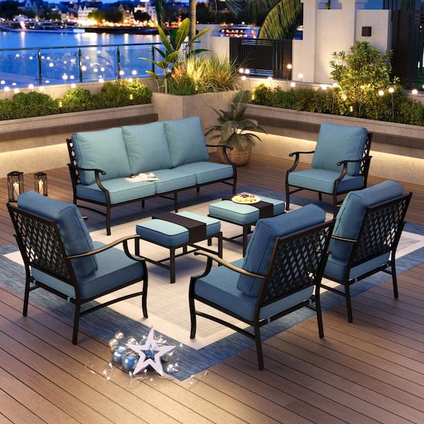 PHI VILLA Black Meshed 9-Seat 7-Piece Metal Outdoor Patio Conversation Set with Denim Blue Cushions and 2 Ottomans