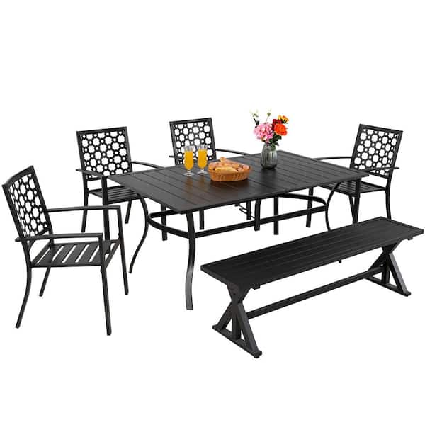 MEOOEM 6-Peice Metal Outdoor Dining Set with Bench, Include 4 Stackable Patio Chairs, 1 Park Bench and 1 Rectangle Dining Table