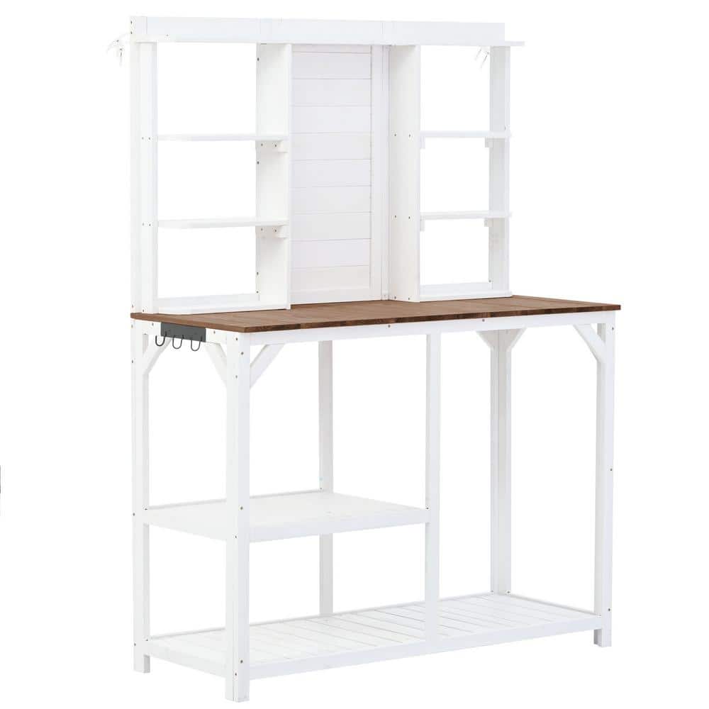47.2 in. W x 64.6 in. H White Potting Bench with Shelves and Large Tabletop