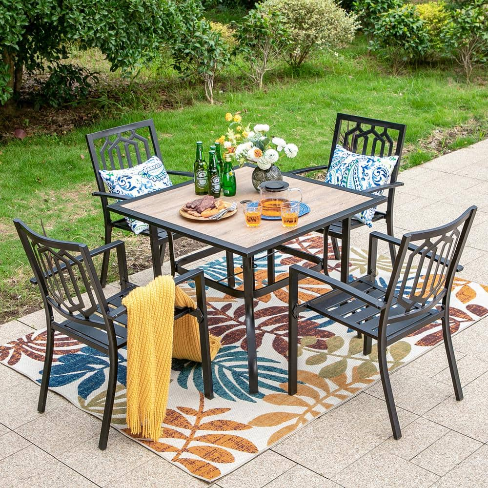 Black 5-Piece Metal Square Outdoor Patio Dining Set with Fashion Stackable Chairs -  PHI VILLA, HD-S5-511