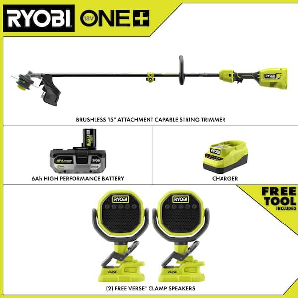 ONE+ HP 18V Brushless 15" Attachment Capable String Trimmer w/ 6.0 Ah Battery, Charger, & (2) FREE ONE+ Clamp Speakers