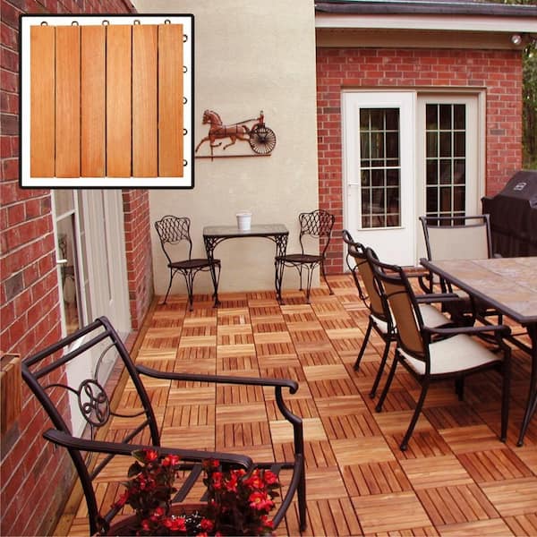 Afoxsos 12 in. x 12 in. Square Teak Wood Interlocking Flooring Tiles Striped Pattern (Pack of 10 Tiles)