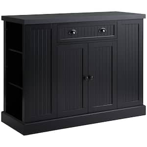 Black Fluted-Style Wooden Kitchen Island Storage Cabinet with Open Shelving and Drawer