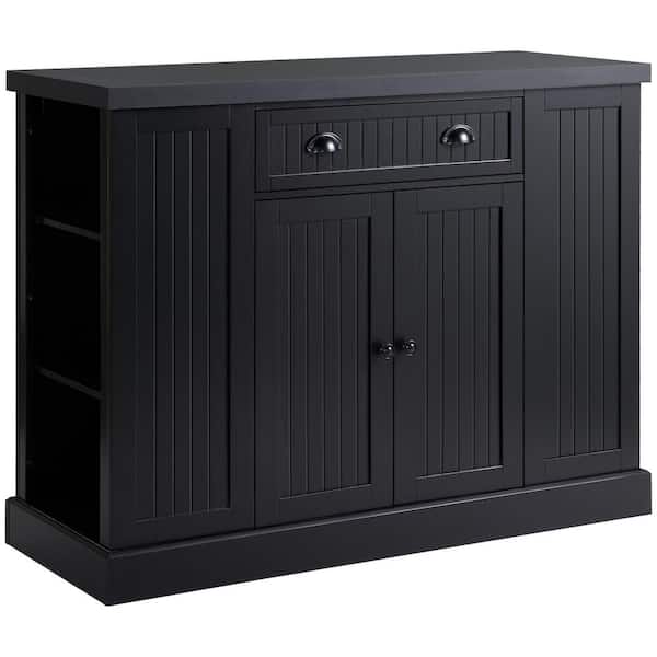 HOMCOM Black Fluted-Style Wooden Kitchen Island Storage Cabinet with Open Shelving and Drawer