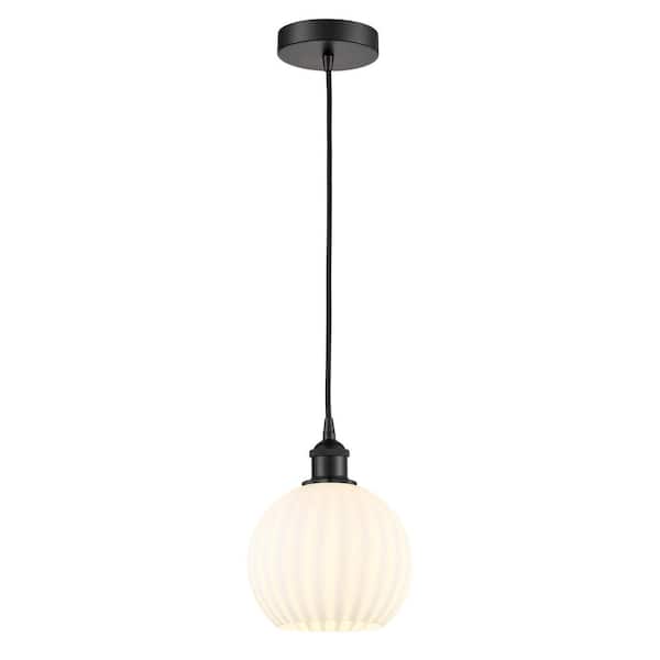 White Venetian 100-Watt 1-Light Matte Black Standard Mini Pendant Light with Painted Glass Shade, No Bulbs Included