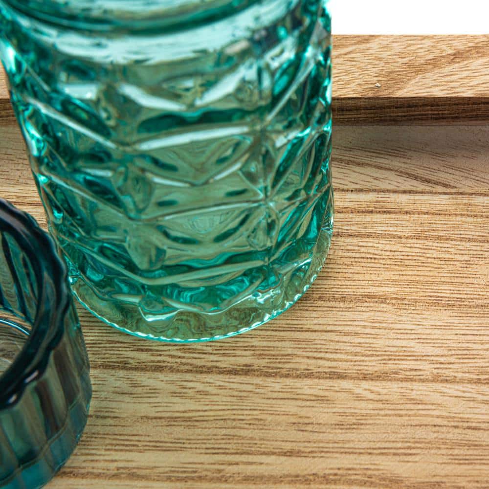 Oceanic Bliss Wood Tray with Blue & Green Glass Votive Set