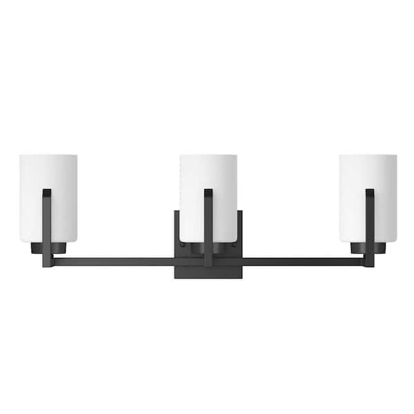 aiwen 25.59 in. 3-Light Modern Bathroom Black Vanity Light Over Mirror with Milk White Glass Shades