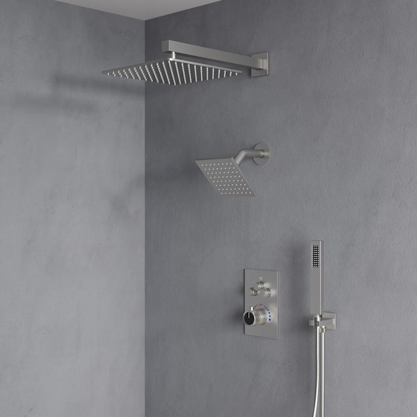 EVERSTEIN 6 in. and 7-Spray 12 in. Thermostatic Wall Bar Shower Systems with Handheld 2.5 GPM in Brushed Nickel(Valve Included)