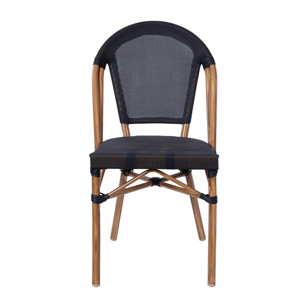 Black and Natural Armless Stacking Bistro Chairs with Metal Frame, Set of 2