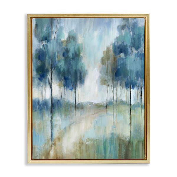 Abstract Blue Woodland Path Trees by Nan Gold Floater Frame Graphic Art Print Nature 31 in. x 25 in.
