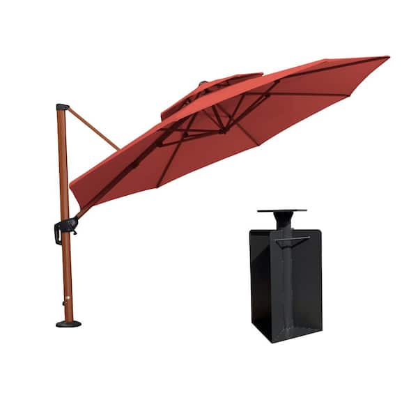 PURPLE LEAF 12 ft. Octagon High-Quality Wood Pattern Aluminum Cantilever Polyester Patio Umbrella with Base in Ground, Brick Red