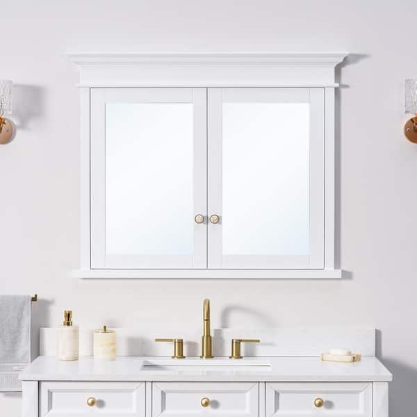 WELLFOR 40 in. W x 32 in. H Rectangular White Solid Wood Framed Recessed Mount Soft Close Door Medicine Cabinet with Mirror