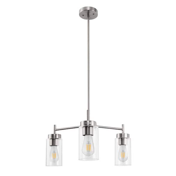 3-Light Brushed Nickel Candelabra Chandelier Industrial Hanging Ceiling Light with Clear Glass Shades E26 Base