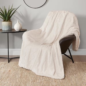 Embossed Cable Rabbit Ivory 50 in. 70 in. Plush Faux Fur Throw Blanket
