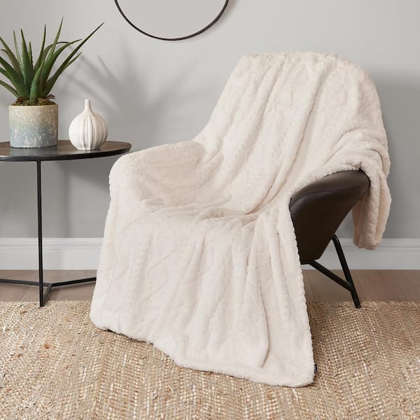 Embossed Cable Rabbit Ivory 50 in. 70 in. Plush Faux Fur Throw