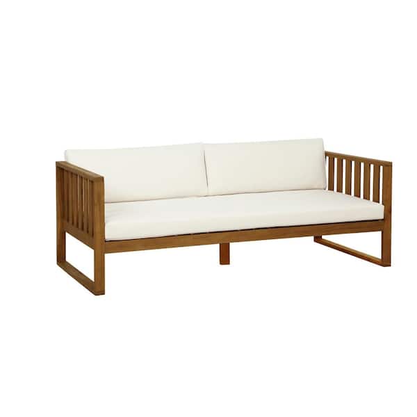 Linon Home Decor Didier Natural Brown Wood Outdoor Day Bed with Beige Cushion