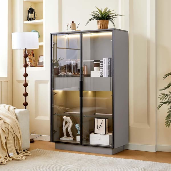 Unbranded Grey 60.6 in. Tall MDF Display Cabinet with Tempered Glass Door, 4-Tier LED Lighted Curio Cabinet Storage Cabinet