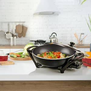 13 In. Black Non-Stick Electric Skillet with Aluminum Body Adjustable Temperature Controller Tempered Glass Cover