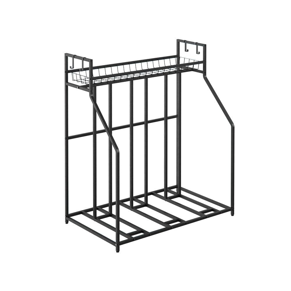 Black Metal Freestanding 3-Bike Storage Rack with Hooks