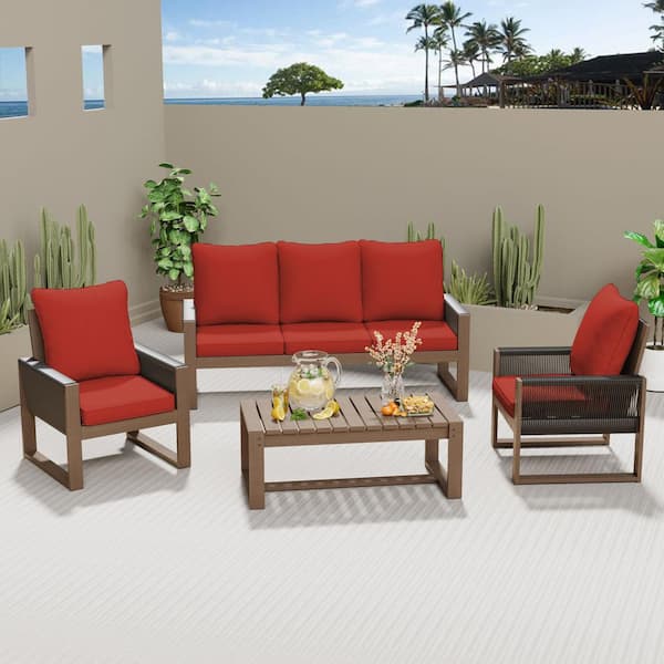 INMITOM 4-Piece Hemlock Wood Outdoor Conversation Set with Red Cushion