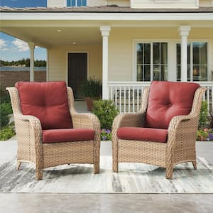 Carolina Yellow Wicker Outdoor Patio Lounge Chair with Red Thick Deep Cushions (2-Pack)