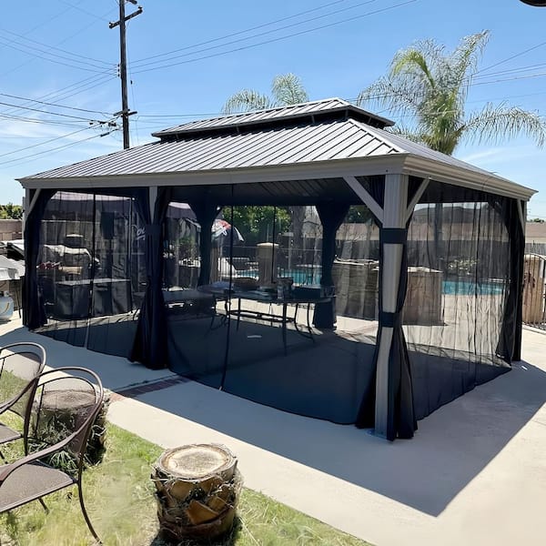 12 ft. x 20 ft. Light Gray Aluminum Power-Coated Frame Galvanized Steel Double Roof Hardtop Gazebo,Hooks Netting Curtain