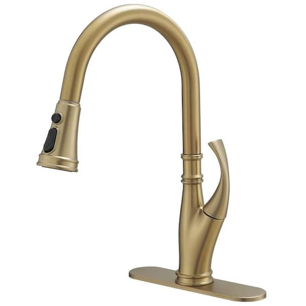 Single-Handle Pull-Down Pull-Out Sprayer 3 Spray High Arc Kitchen Faucet With Deck Plate in Brushed Gold