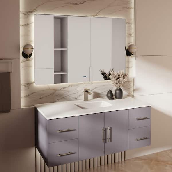 Geneva 48 in. W x 22 in. D Dark Grey Bath Vanity, White Quartz Top, and 48 in. LED Mirror