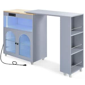 Grey Blue Rolling Kitchen Carts With Natural Wood Top and Cabinet Storage