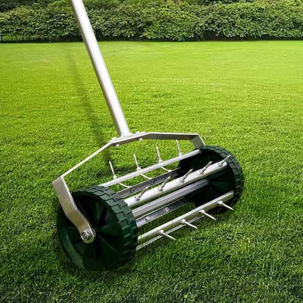 16 in. Heavy-Duty Rolling Push Tine Spike Soil Lawn Aerator for Garden with 3-Piece Steel Handle