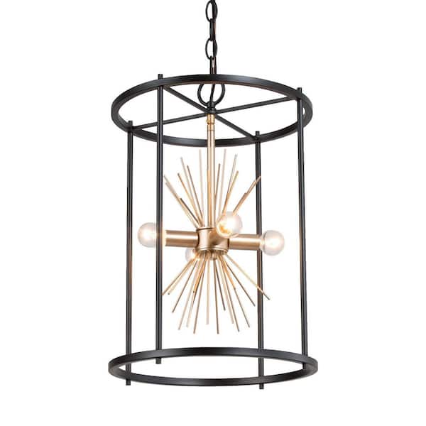 Uolfin 4-Light Black and Brass Drum Chandelier with Sputnik Design