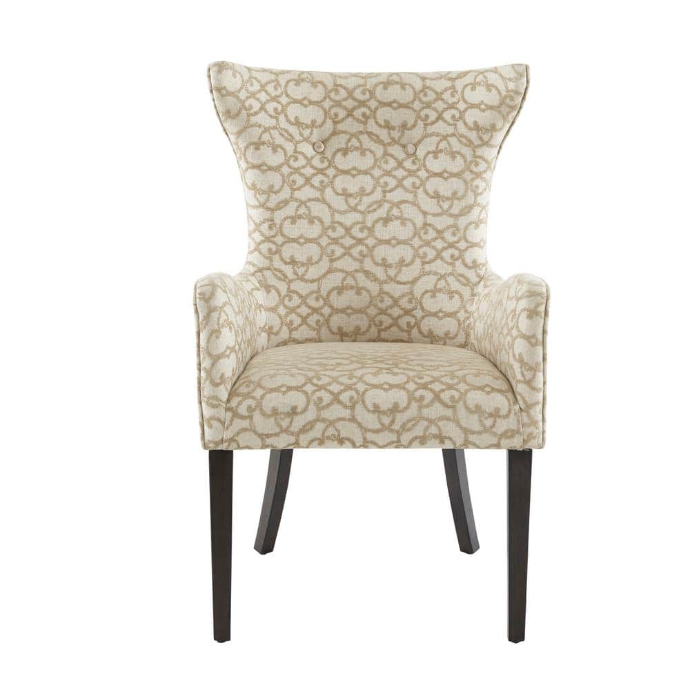 Tan Linen Upholstered Arm Chairs with Wood Legs, Set of 2