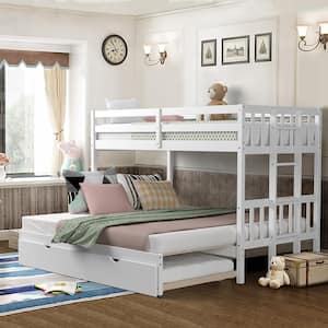White Twin Over Twin Pull-Out Bunk Bed with Trundle Wooden Ladder