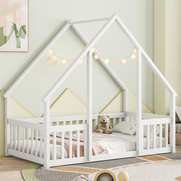 White Wood Frame Twin Size House-Shaped Platform Bed with Fence and Guardrails