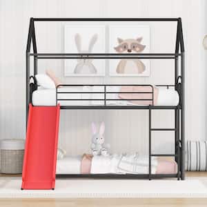 Black Plus Red Twin Over Twin Metal Bunk Bed With Slide, Kids House Bed