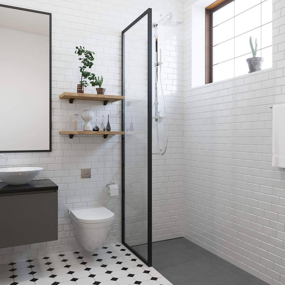 Velvon 34" x 74" Matte Black Framed Fixed Glass Shower Panel