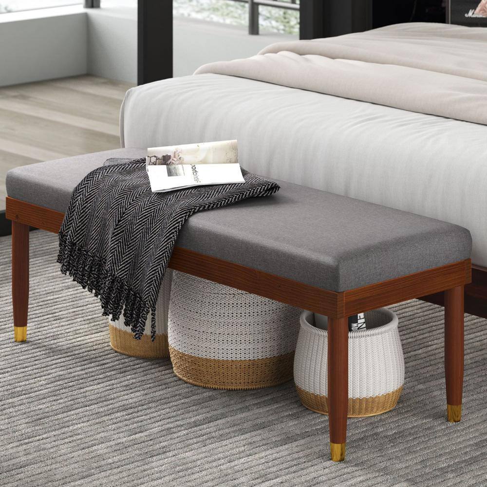 Raymond Mid-Century 48" Grey Upholstered Bench with Brass-Tipped Legs