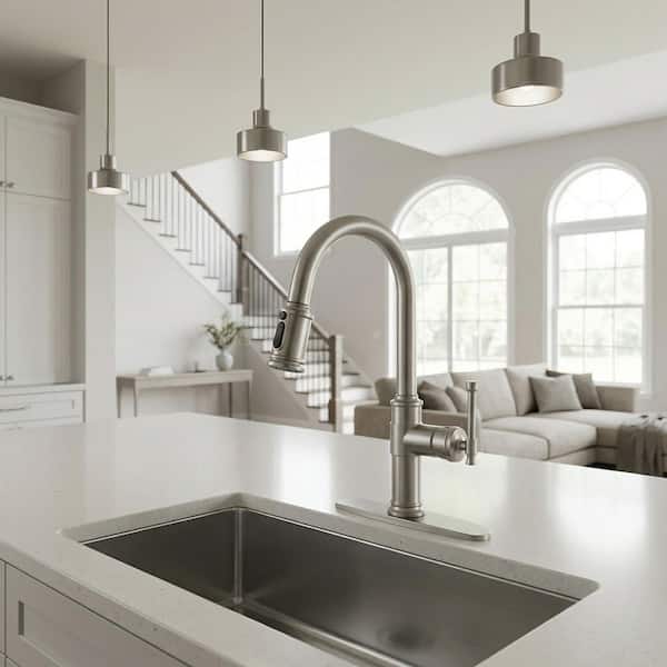 16 in. High-Arc 3-Mode Single Handle 360° Swivel Pull-Down Sprayer Kitchen Faucet with Deckplate in Brushed Nickel