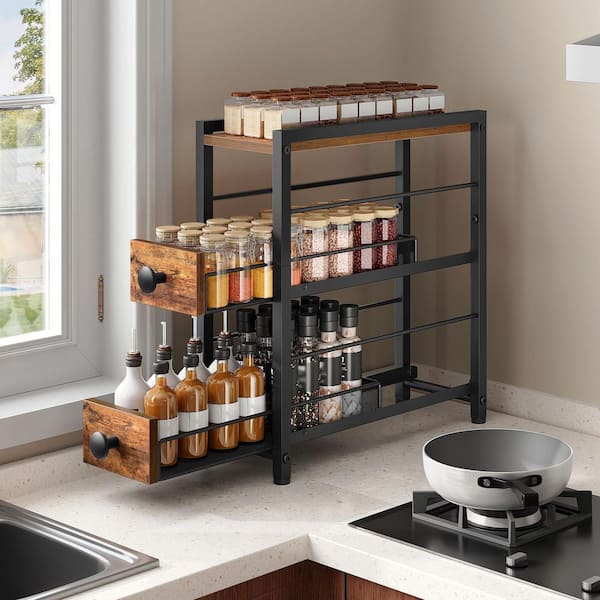 Rustic Brown Black 3-Tier Countertop Spice Drawer Organizer with Pull Out Drawers and Retro Industrial Look