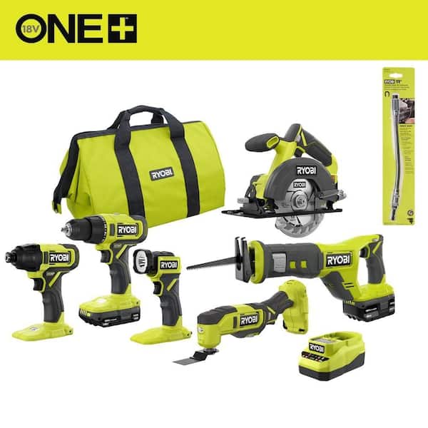 ONE+ 18V Cordless 6-Tool Combo Kit with 1.5 Ah Battery, 4.0 Ah Battery, Charger, and 11 in. Flexible Shaft Bit Holder