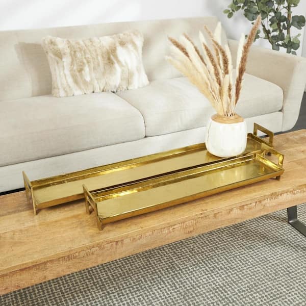 Litton Lane Brass Aluminum Nesting Decorative Tray with Gold Handles (Set of 2)