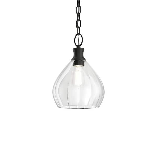 KICHLER Merriam 8 in. 1-Light Black Farmhouse Shaded Kitchen Pendant Hanging Light with Clear Glass