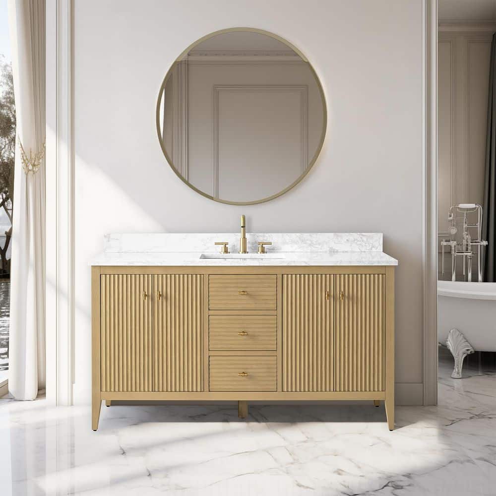 60 in. W x 22 in D x 38 in. H Single Sink Bath Vanity Cabinet in Linear Natural Oak with White Engineered Marble Top price history on PriceWatchPro